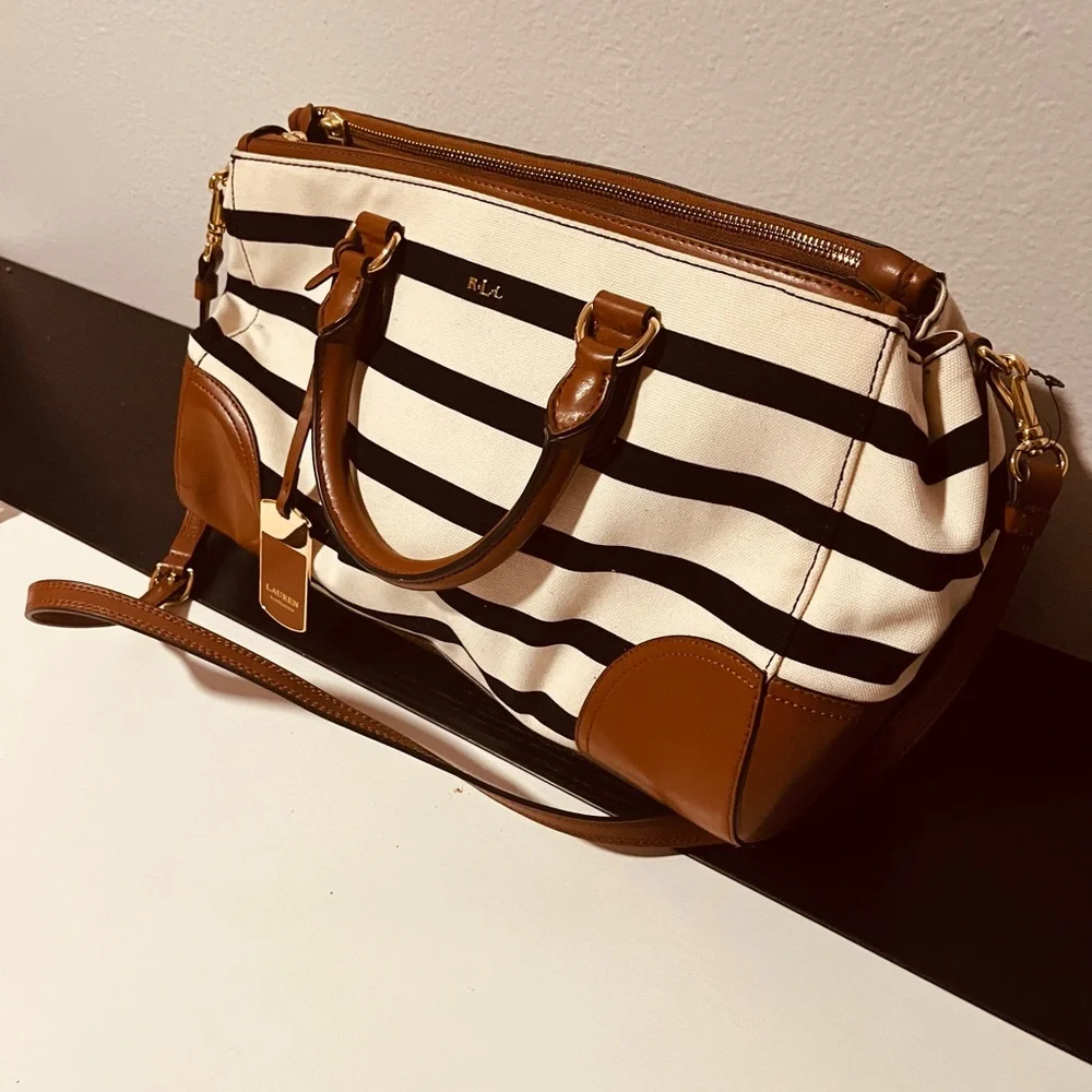 Lauren Ralph Lauren Striped Canvas Leather Trim Satchel - Picture 7 of 9